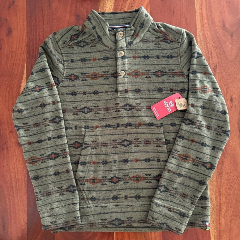 NWT Sherpa Adventure Gear Bhutan Sweater MED Evergreen Stripe -Sustainable SOFT!